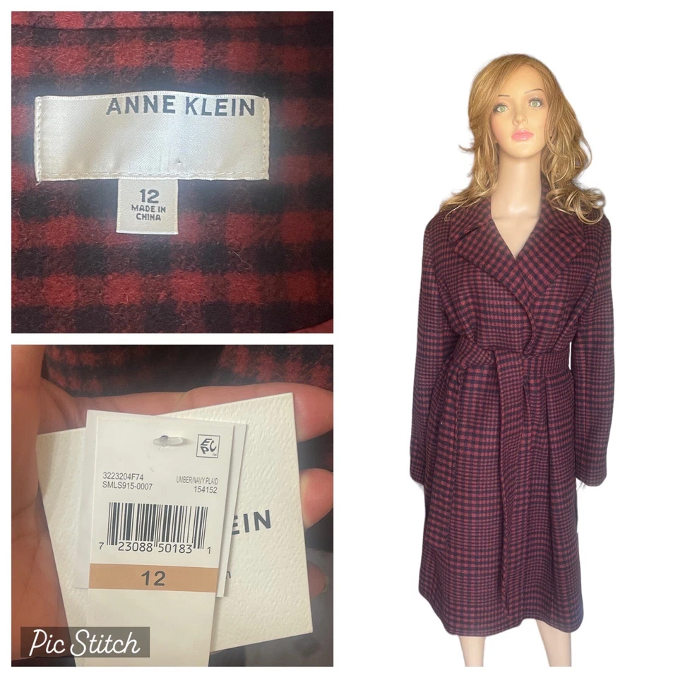 ANNE KLEIN Wool Blend wrap Belted Notch Collar Coat size 12 - Image 2 of 4