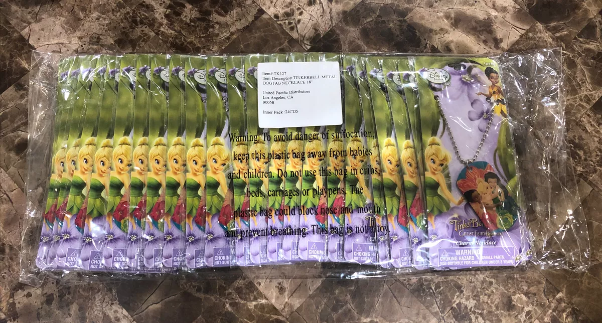 24 Sealed DOG TAG 18 NECKLACE Lot Disney Tinker Bell Princess WHOLESALE
