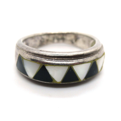 Indianer Ring 925 Sterling Silber Perlmutt + Onyx Native American Silver RG51