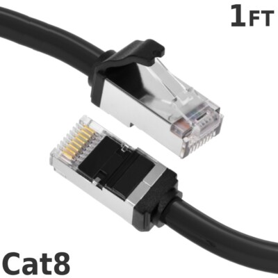 1FT Ethernet LAN Network Cat8 RJ45 S/FTP Cable Shielded Cord 28AWG 2GHz Black