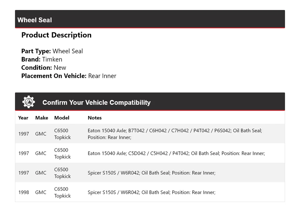 Sello de rueda interior trasero Timken para GMC C6500 1997-1998 Topkick Foto 2 de 4