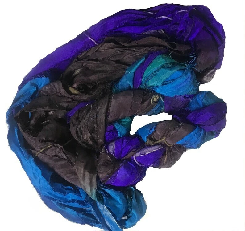 Recycled Sari Silk Ribbon - Blue Purple Brown - Sari Silk Ribbons - Silk Strips - Image 3 of 4