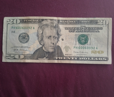 #ad 2017A $20 Federal Reserve Note Banknote Serial PH60060092A Circulated Typog blot $32.00