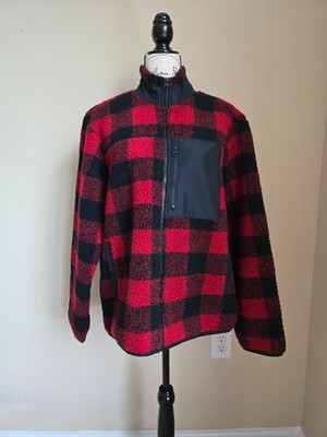 Sonoma zip fleece jacket mens M buffalo plaid black red NWOT