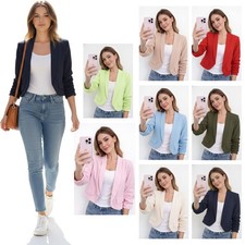 Womens Ruched Sleeve Fully Lined Blazer Plain Collared Office Formal Jacket Top