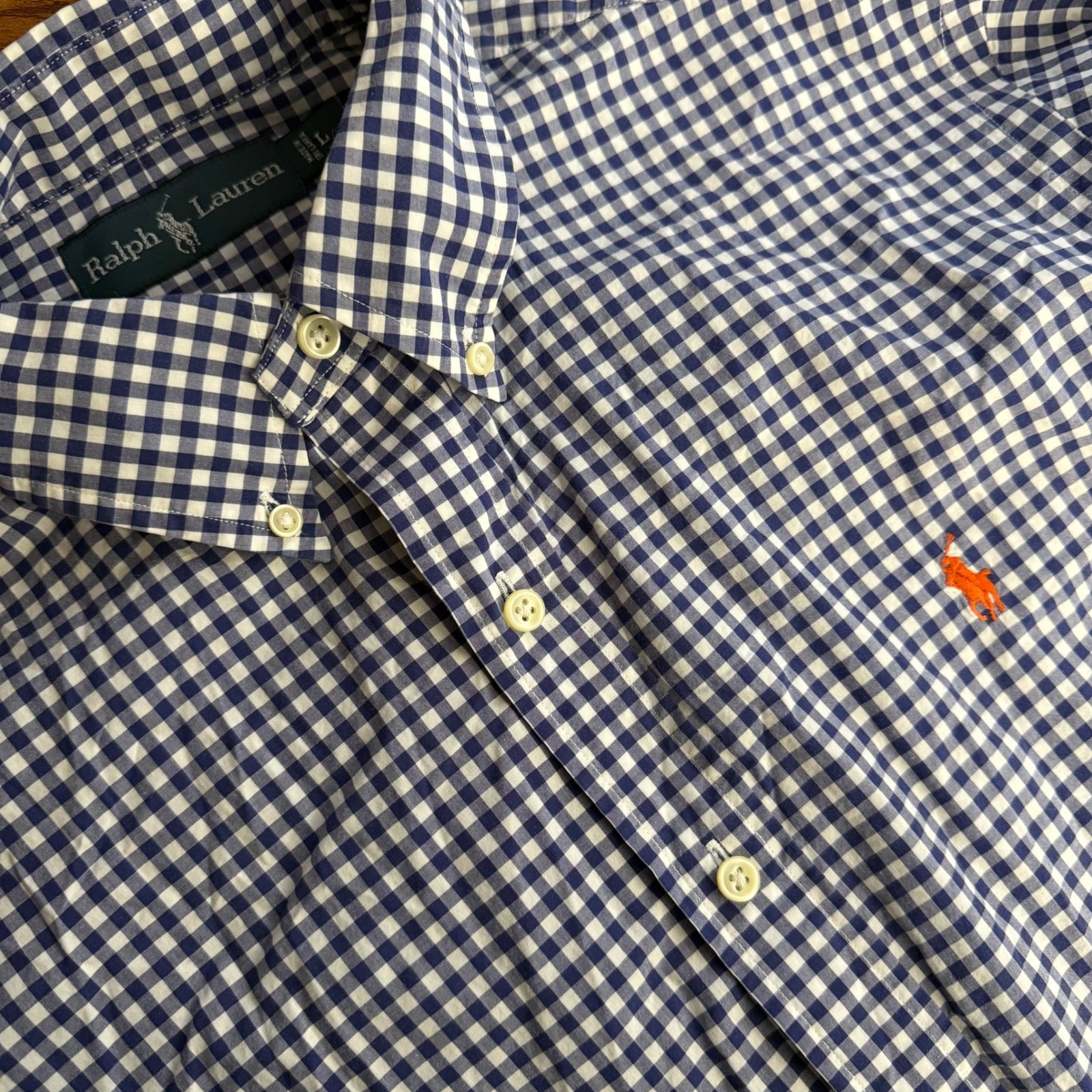 Ralph Lauren Gingham Blue White Button Down Shirt Orange Pony Logo Men Large