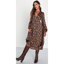 Lulus Rust Orange Floral Satin Long Sleeve Mi...