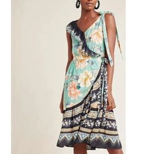 Farm Rio Anthropologie Floral Print Monica Wrap Dress Sz S Petite Green Frills