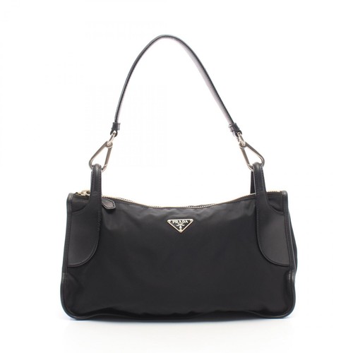 PRADA Triangular plate Shoulder hand Bag Nylon leather Black Used Women