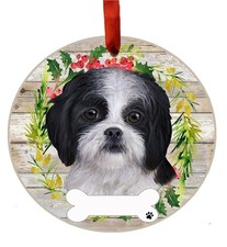 Black/White Shih Tzu - E S Pets - DIY Personalizable, Ceramic Round Ornament