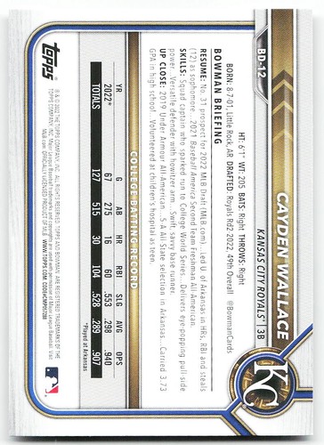 🔥 2022 Bowman Draft #BD-12 Cayden Wallace - Bild 2 von 2