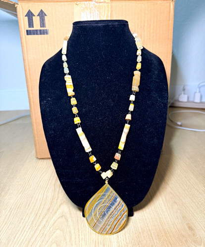 Banded Agate Style Stone Beaded Necklace Large Teardrop Pendant Boho Statement