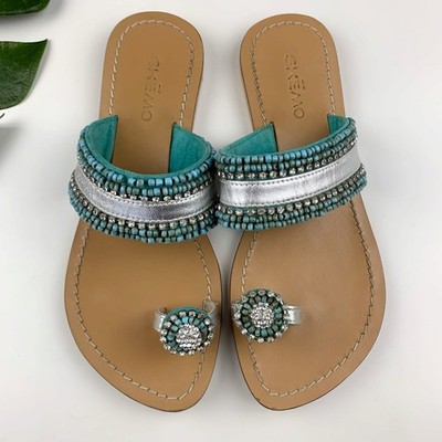 Skemo Sandals Beaded Rhinestones Toe Loop Flats Boho Blue Silver Women's 8