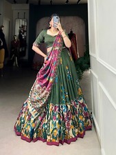 Stylish Look Mehndi Green Tussar Silk Lehenga Choli With Dupatta For Women