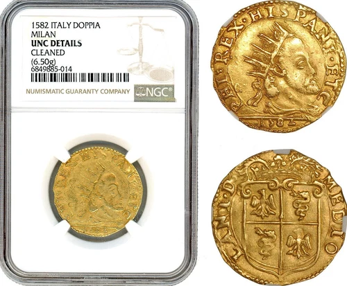 ITALY - MILAN , GOLD DOPPIA PHILLIP II 1582 - NGC UNC D , RARE11