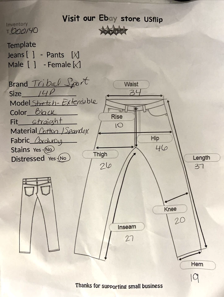 Tribal Sports 弹力女式黑色灯芯绒裤子背带 — 第 4/4 张图片