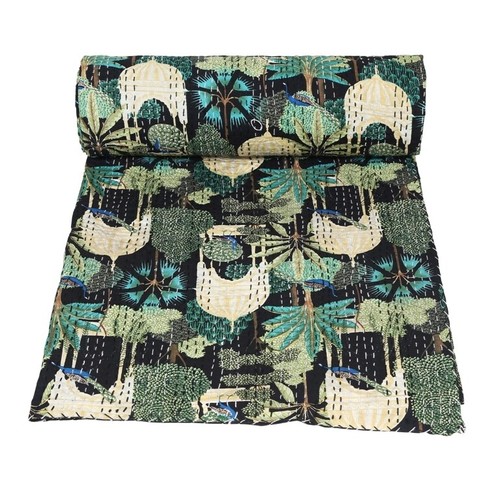 Indian King Size Black Hand Block Kantha Quilt Cotton Bedspread Blanket Throw - Picture 2 of 5