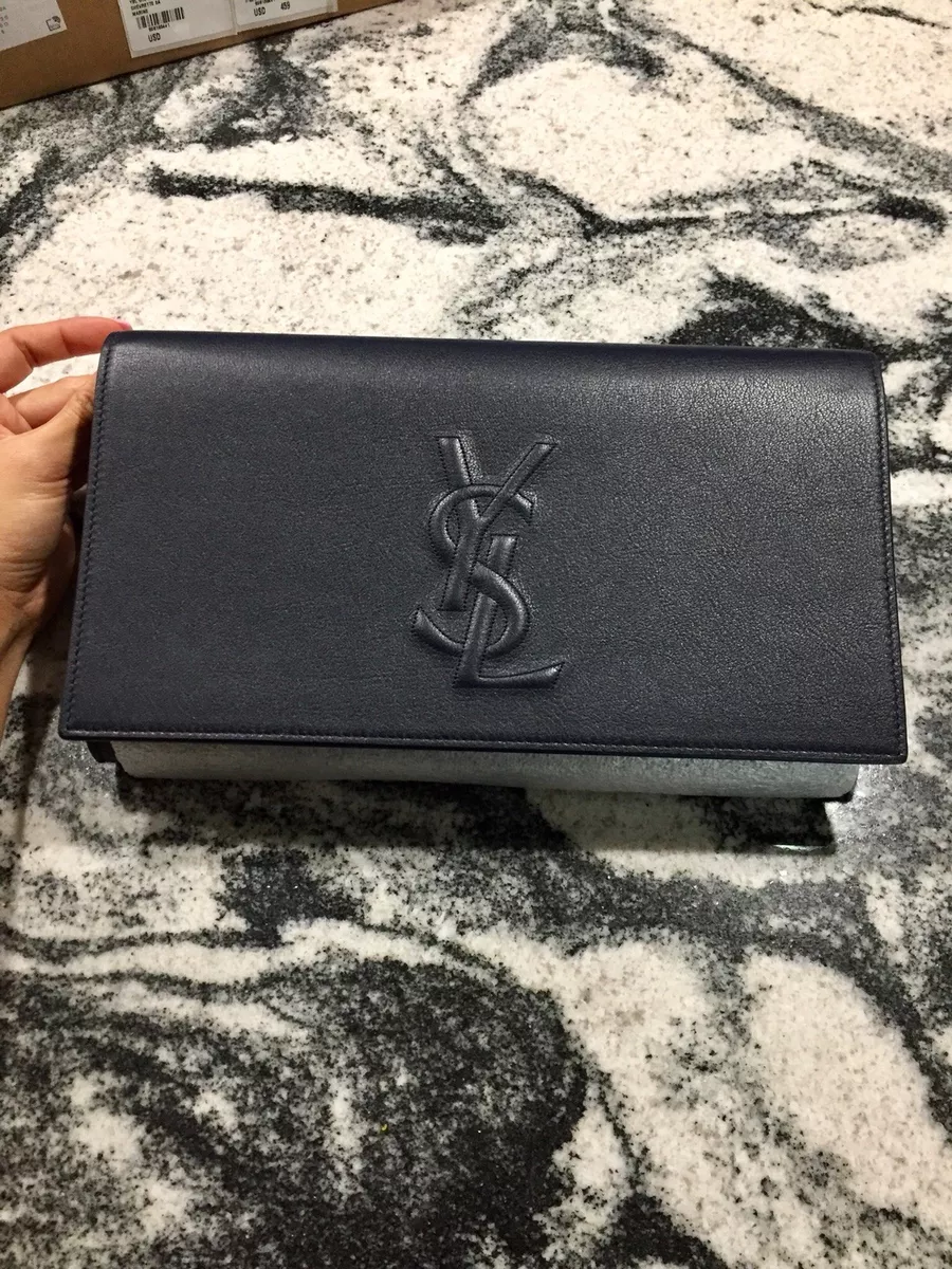 Authentic Saint Laurent YSL Belle Du Jour Dark Blue Leather Clutch Bag