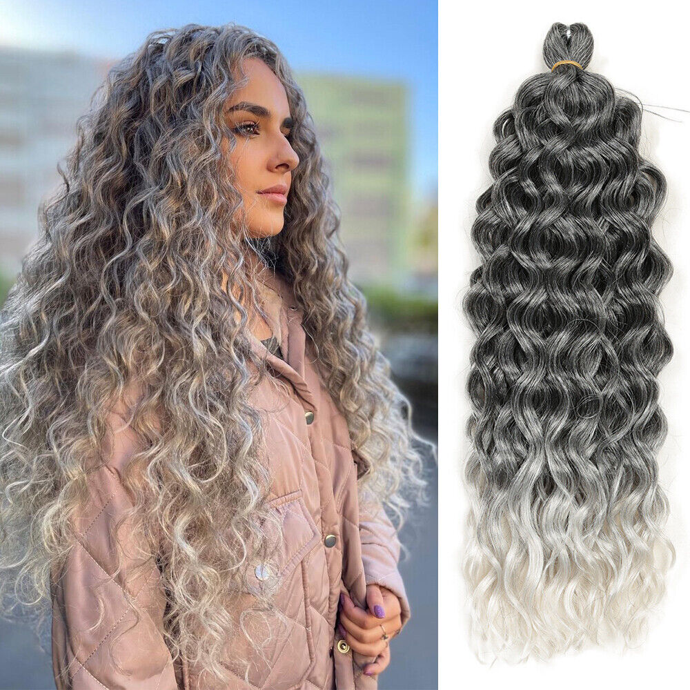 18-24Ocean Wave Crochet Braids Hair Synthetic Braiding Hair Extensions  Ombre Deep Wave For White