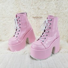 DEMONIA Camel 203 Stacked Pink Patent Platform Goth Punk Ankle Boots