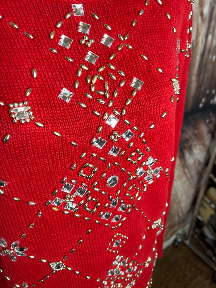 Suéter de contas vintage Victoria Harbour enfeitado de Natal vermelho tamanho pequeno - Imagem 3 de 4