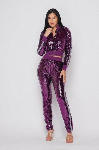 Casual Purple All Sequin Crop Button 