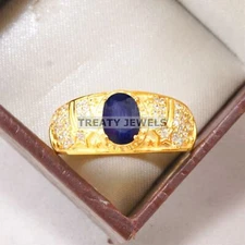 Blue Sapphire Oval Cut With 925 Sterling Silver Gold Plated Ring For Men #B618 *