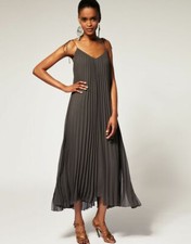 Halston Heritage Spaghetti Tie Strap Pleated Ankle Long Dress MUSK Brown Maxi