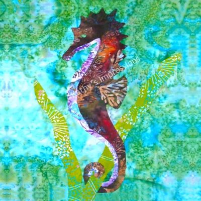 Aqua Seahorse Fabric Panel Quilt Square Tropical Beach Green Ocean Water Block