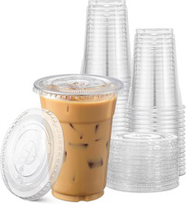 100 Set 16 oz Clear Plastic Cups with Flat Lids Disposable Drink Cups Bulk