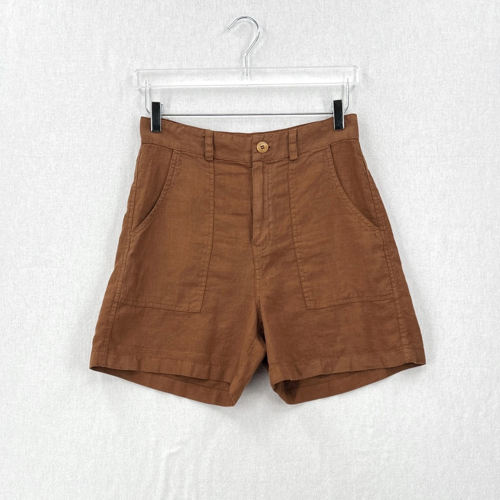 ENZA COSTA Linen High Waisted Short Womens Medium Brown Lightweight Quiet Luxury