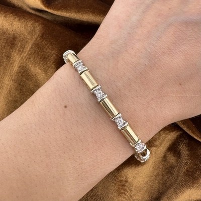 Vintage 80s-90s 14K Two Tone Gold Bamboo-Style Diamond Line Bracelet