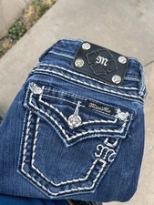 Miss Me Women's Y2K Blue Jeans Skinny Fit with Stitched In Pockets, Size 24