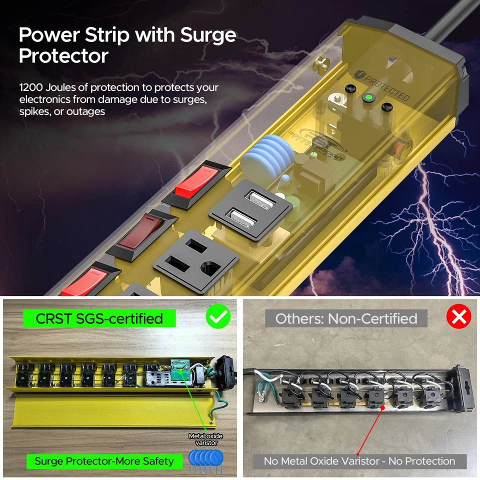 CRST 6 Outlet Power Strip with 2USB and Individual Switches, Metal Power Strip - Image 2 of 4