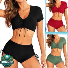 Women Short Sleeve Bikini Set Padded Drawstring Two Piece Bathing V Neck