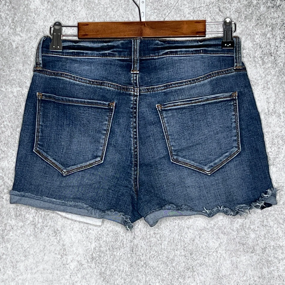Mudd Mujer Alto Tiro Desgastado Corte Pantalones Cortos Junior Talla 7 Elástico Denim Oscuro Foto 2 de 4