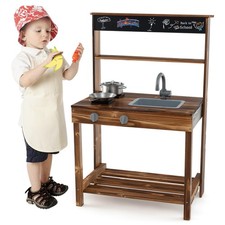 Kids Mud Kitchen Play Kitchen with Blackboard, Stoves, Removable Sink Natural