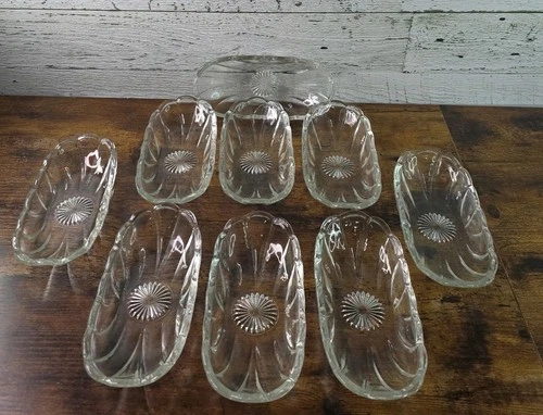 9 VTG Anchor Hocking Clear Glass Banana Split Dishes Scalloped Dessert Trays Set