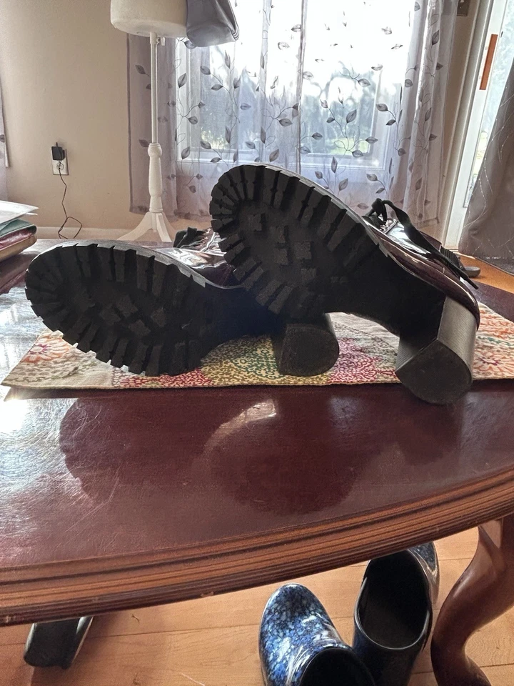 Top Moda Botas de Combate Salto Alto Chunky Zíper Lug Plataforma Vinho Couro Patente - Imagem 4 de 4