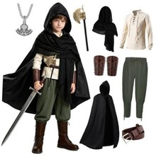 8 Pcs Medieval Costume for Boys Renaissance Viking Pirate 11-12 Years Green