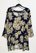 Adrienne Vittadini Top Womens 3X Black Yellow Floral 3/4 Sleeve Stretchy Boho