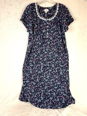 Aria Collection floral cottagecore nightgown dress XL navy cotton pockets lace