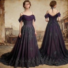 Black Lace Gothic WeddingDress Appliques off-Shoulder A-Line Long Vintage Bridal