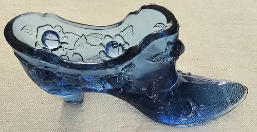 Vintage Fenton Blue Glass Shoe Slipper Boot With Cabbage Rose Pattern Figurine