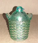 Vintage Fenton Iridescent Blue Green Carnival Glass Basket Hen Lid Easter spring