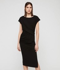 AllSaints Kasia Black Jersey Knit Draped Midi Dress Short Sleeves Women’s Small