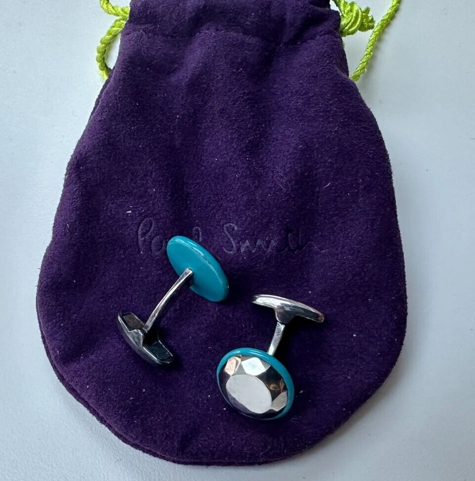 Gemelos redondos Paul Smith | Borde de cerámica azul | En caja | Plata de ley ✨ Foto 2 de 4