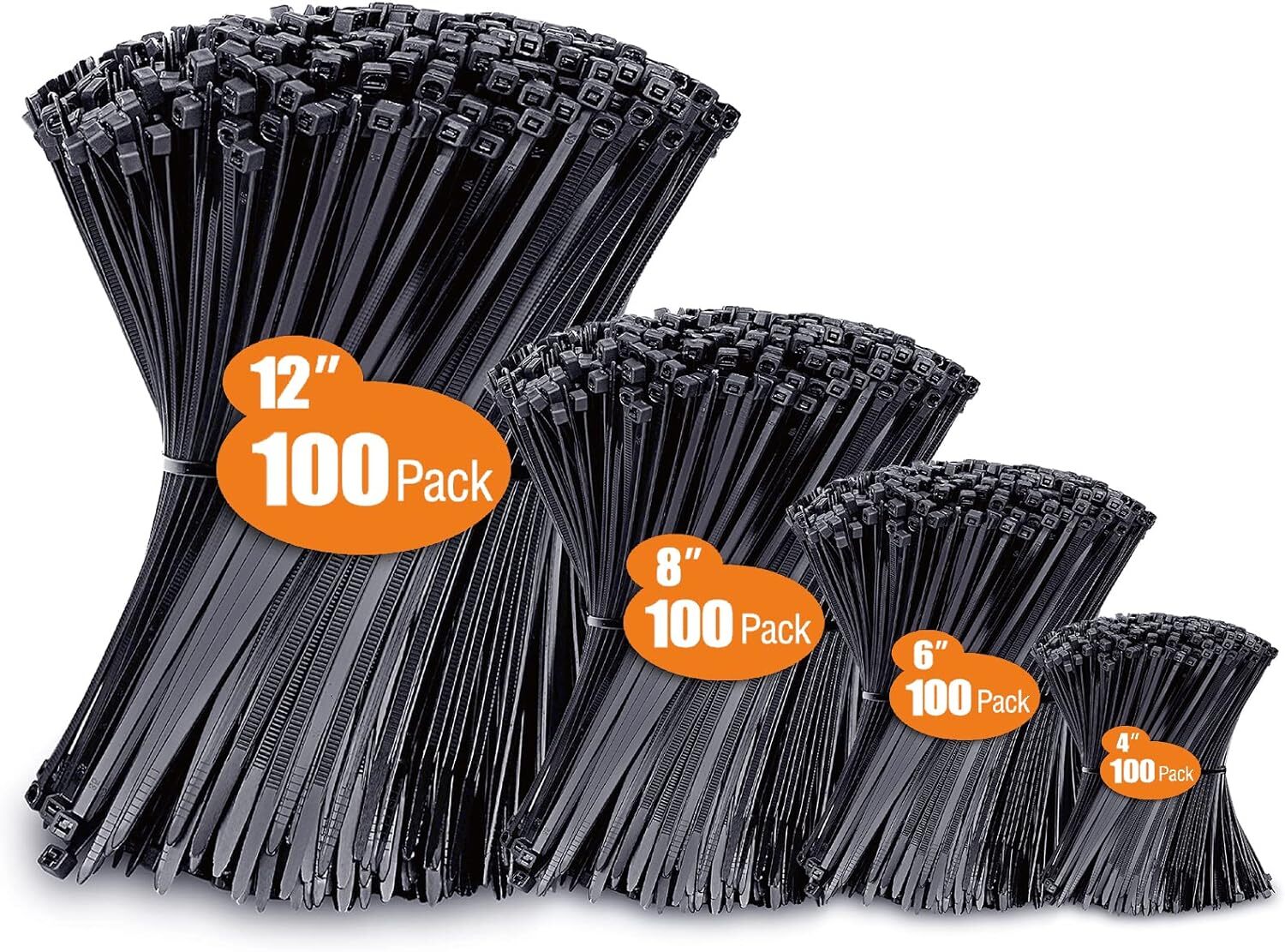 400-Pack Black UV-Resistant Zip Ties - Assorted Sizes (4” 6” 8” 12”) for Secure Fastening