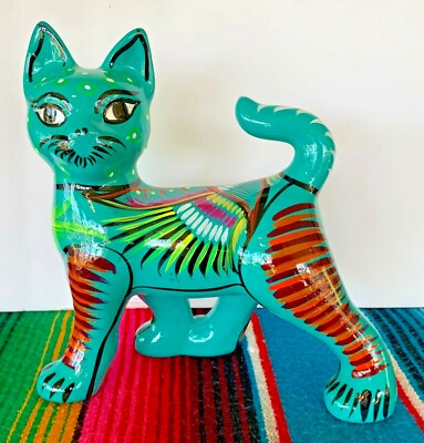 MEXICAN TALAVERA Cat POTTERY FLOWER CERAMIC Kitty BANK HAND