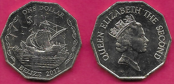 BELIZE 1 DOLLAR 2012 UNC CARRACK SANTA MARIA,CROWNED BUST OF QUEEN